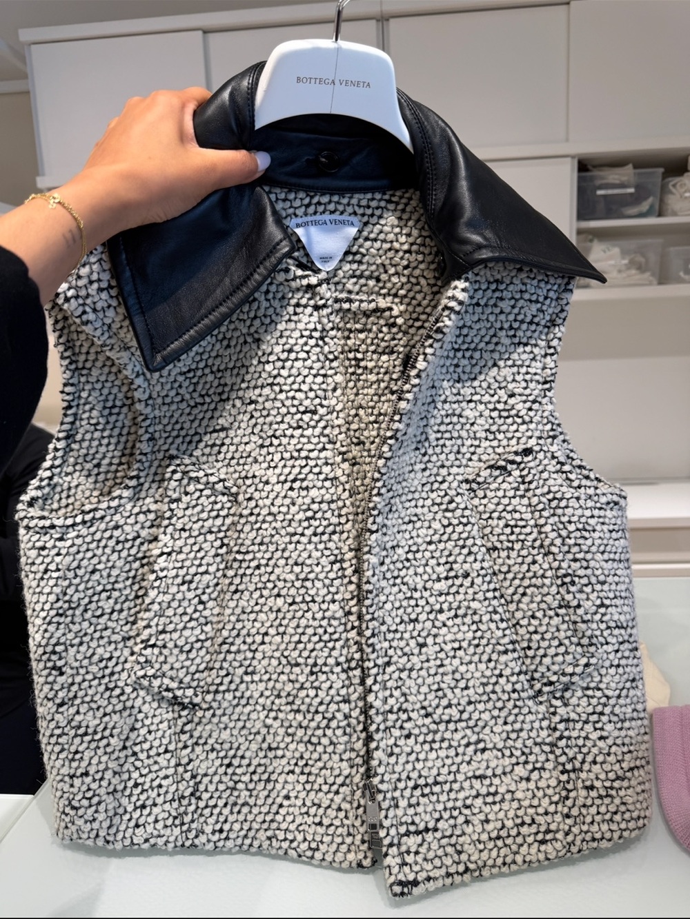 Bottega Veneta Cream & Black Bouclé Vest with Leather Collar